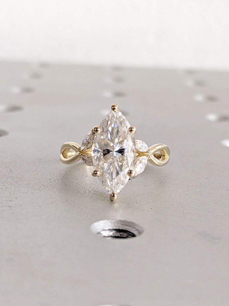 Vintage Diamond Wedding Band | Art Deco Leaf Yellow Gold Branch Matching Band | Twig Band Unique Marquise Lab Diamond Anniversary Women Gift