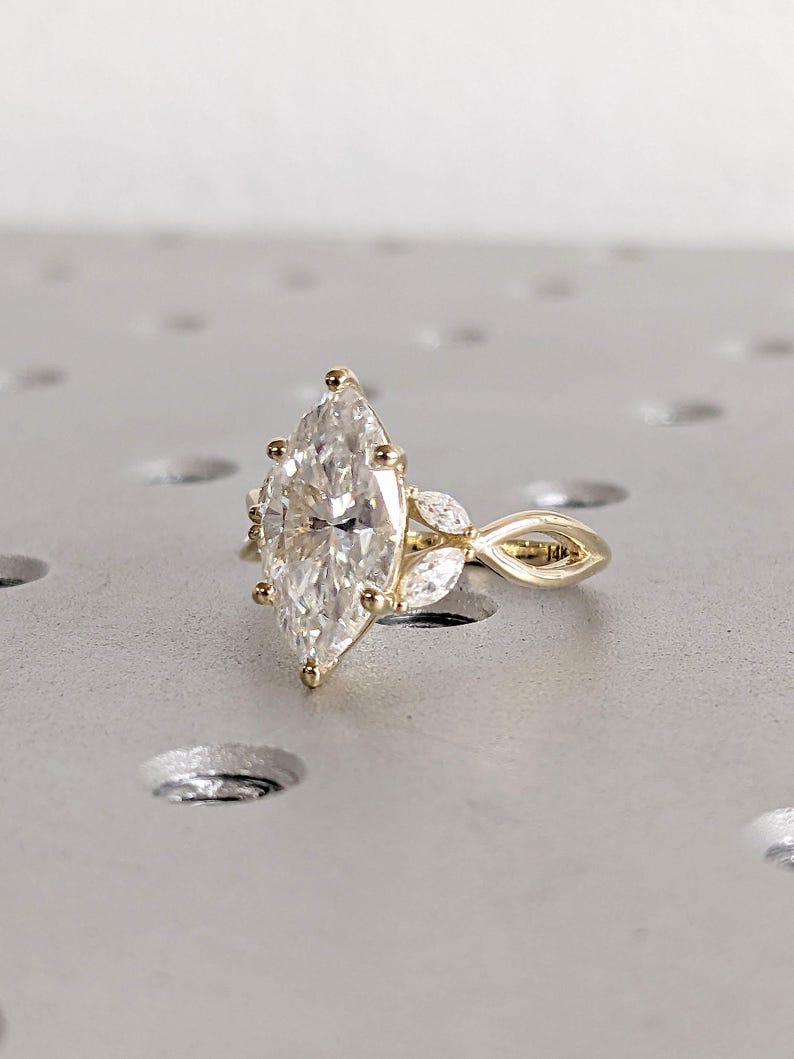 Vintage Diamond Wedding Band | Art Deco Leaf Yellow Gold Branch Matching Band | Twig Band Unique Marquise Lab Diamond Anniversary Women Gift