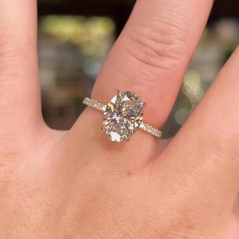 3 Ct Oval Moissanite Engagement Ring with Hidden Halo Diamond Set, 14k Solid Gold High Profile 3/4 Eternity Pave Anniversary Luxurious Ring