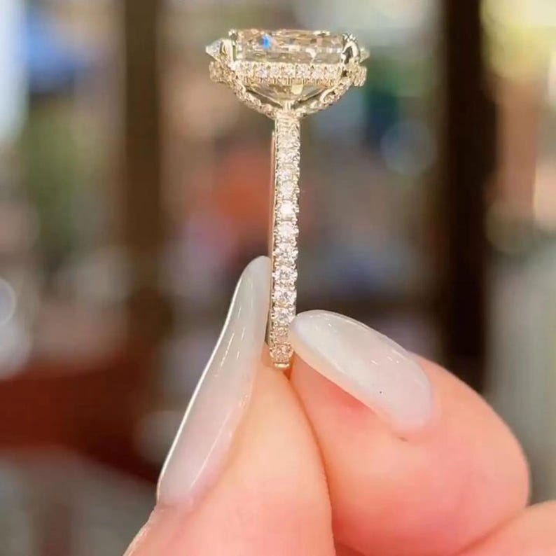 3 Ct Oval Moissanite Engagement Ring with Hidden Halo Diamond Set, 14k Solid Gold High Profile 3/4 Eternity Pave Anniversary Luxurious Ring