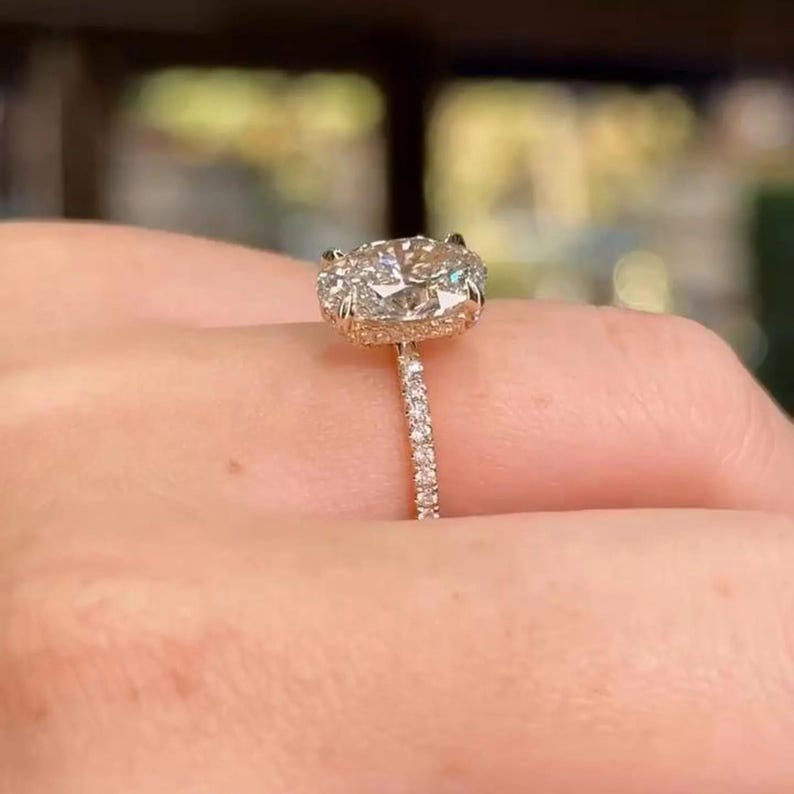 3 Ct Oval Moissanite Engagement Ring with Hidden Halo Diamond Set, 14k Solid Gold High Profile 3/4 Eternity Pave Anniversary Luxurious Ring
