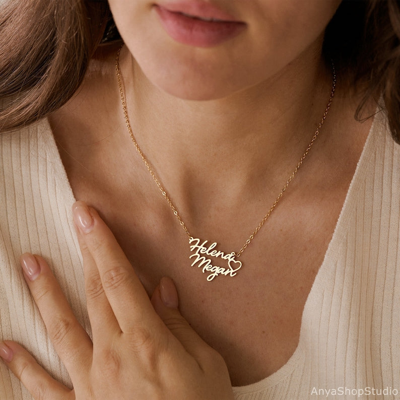Personalized Double Names Necklace with Heart, Custom Gold Name Necklace, Couple Necklace, Mothers Necklace, Mother's Day Gift for Mom