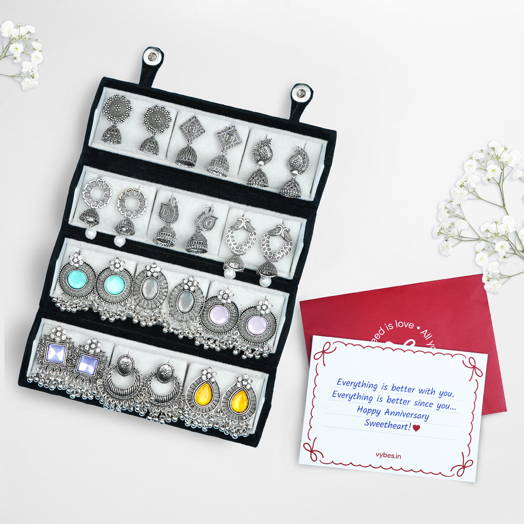 set of 12 oxidized designer  earrings with folding jewlelry box