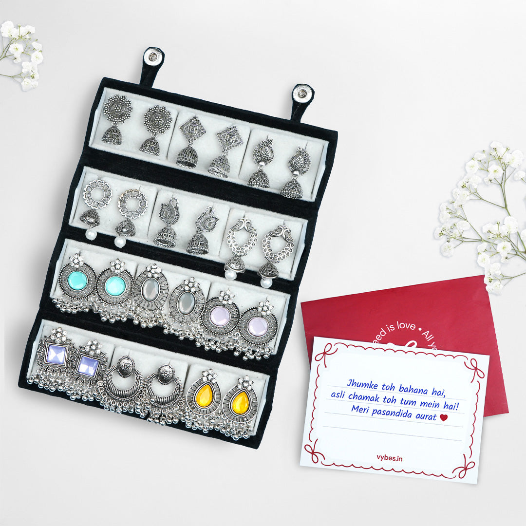 set of 12 oxidized designer  earrings with folding jewlelry box