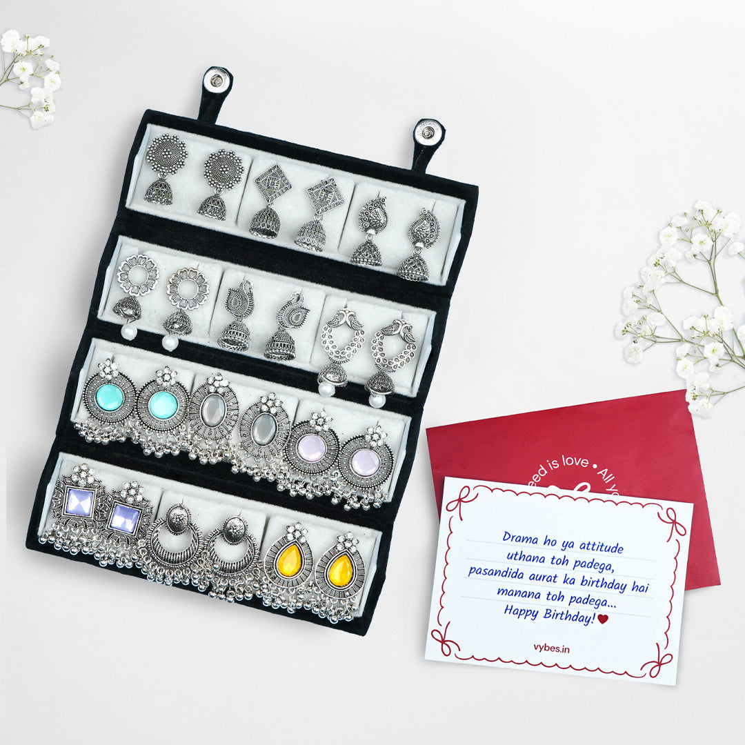 set of 12 oxidized designer  earrings with folding jewlelry box