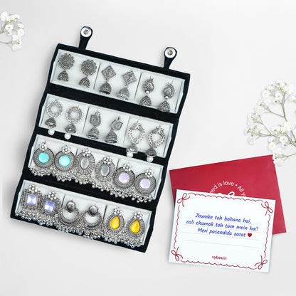set of 12 oxidized designer  earrings with folding jewlelry box