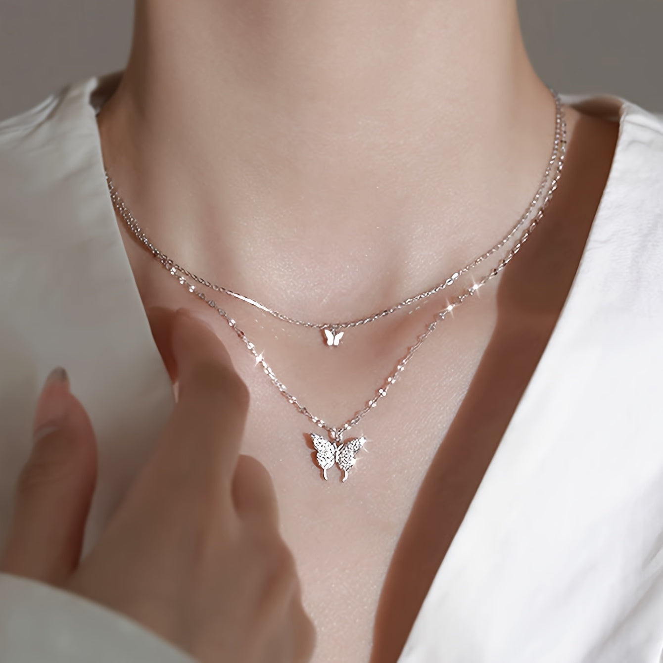 Double Layered Butterfly Pendant Necklace with Rhinestones