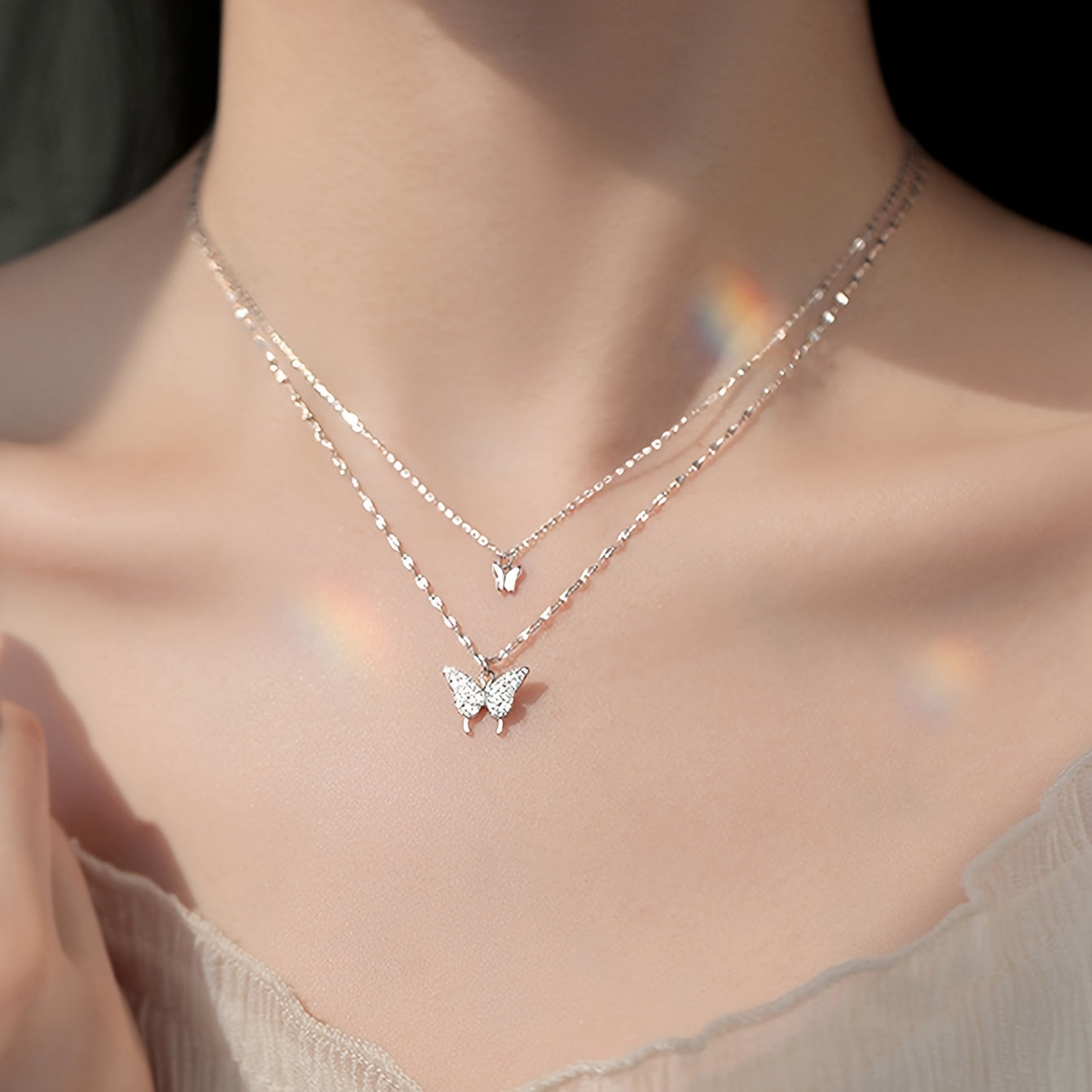 Double Layered Butterfly Pendant Necklace with Rhinestones