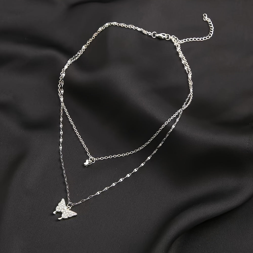 Double Layered Butterfly Pendant Necklace with Rhinestones