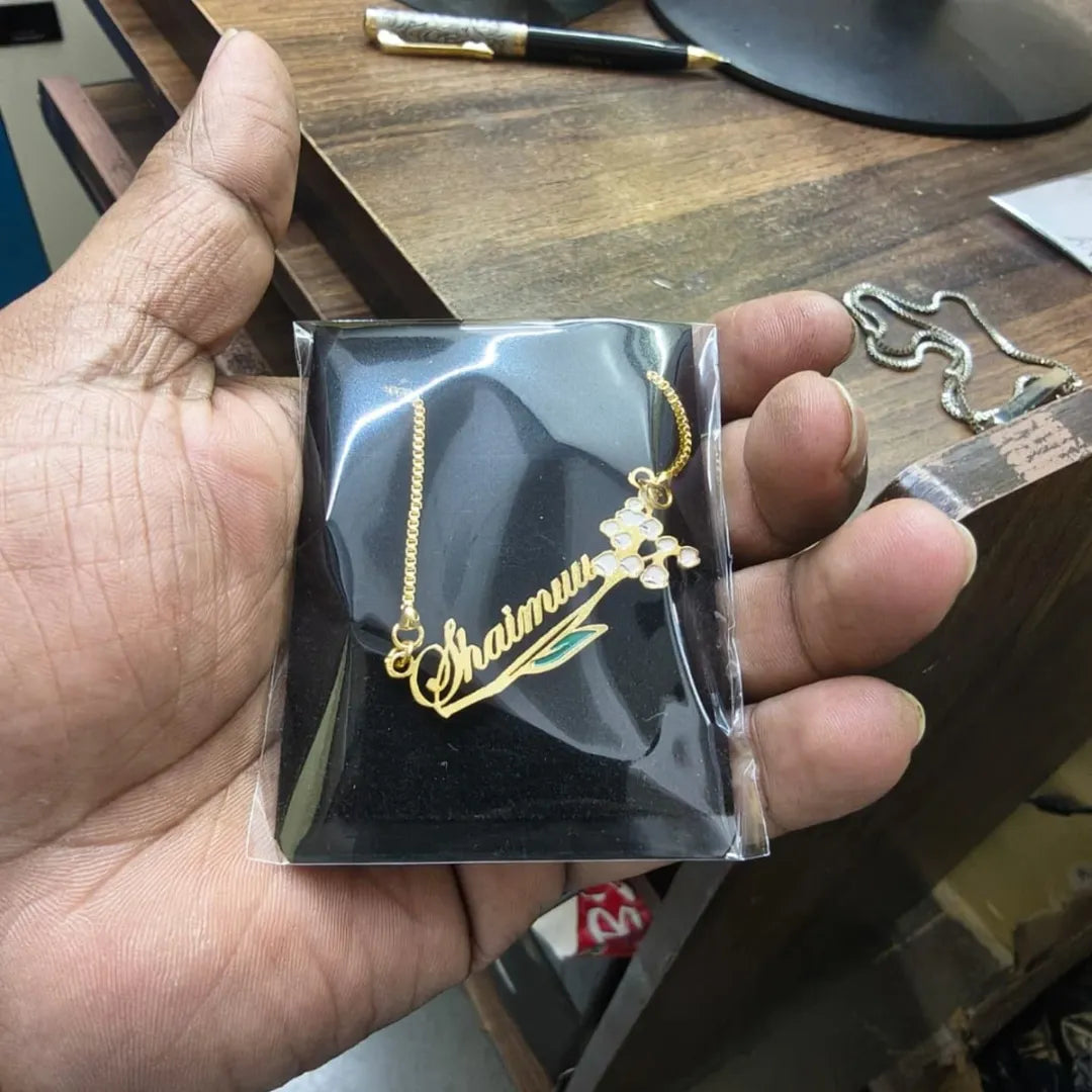 Enamel Name Necklace CNC Engraved Flower Any Colour Flower Can Be Done. 18K Gold Plated.  Gold, Silver Available.