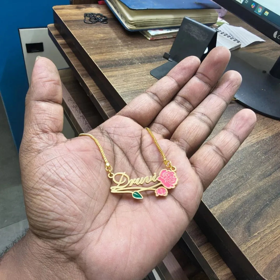 Enamel Name Necklace CNC Engraved Flower Any Colour Flower Can Be Done. 18K Gold Plated.  Gold, Silver Available.