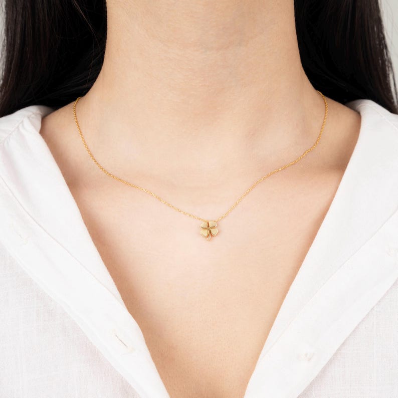 14k Gold 4 Leaf Clover Pendant Necklace, Gold Four Leaf Necklace, Lucky Clover Charm Necklace, Flower Pendant, Dainty Floral Necklace Gift