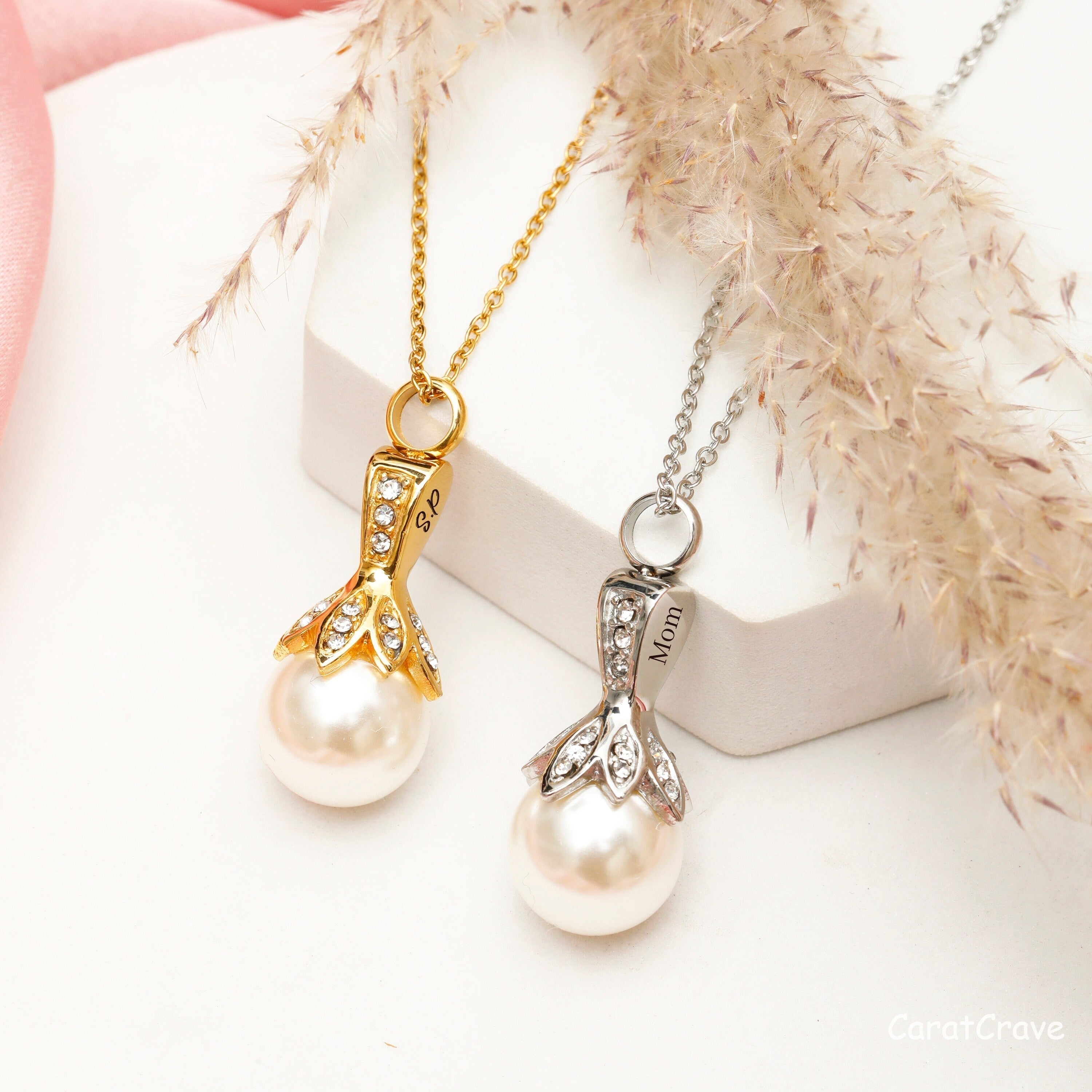 Engraved Vintage Pearl Urn Necklace
