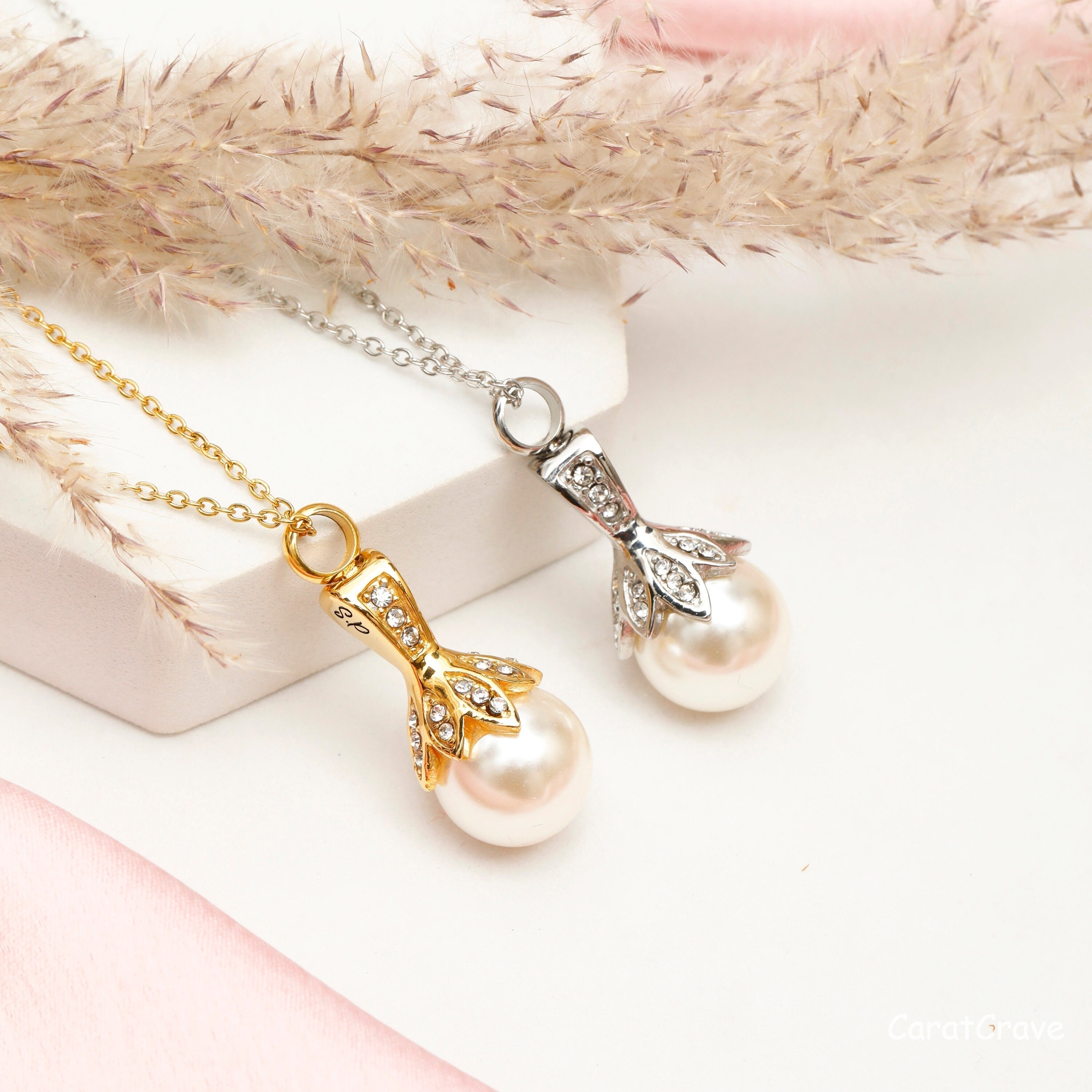 Engraved Vintage Pearl Urn Necklace