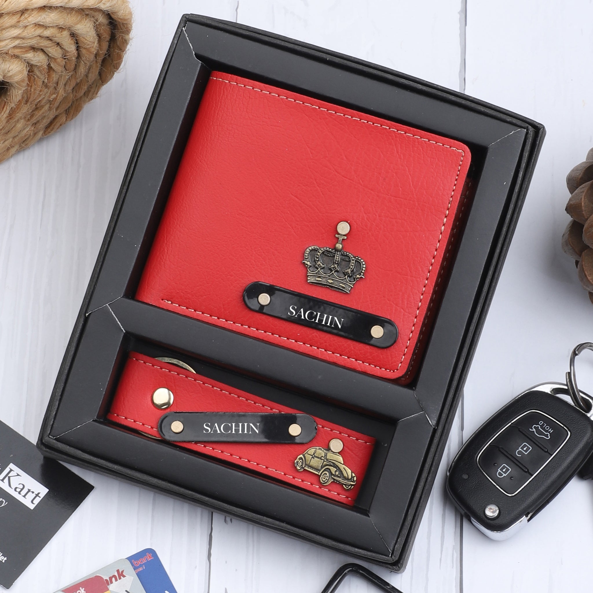 Stylish Men’s Gift Set – Customized Leather Name Wallet & Keychain