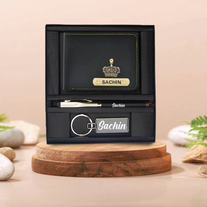 Personalised Leather Wallet + Pen & keychain Combo - Brown