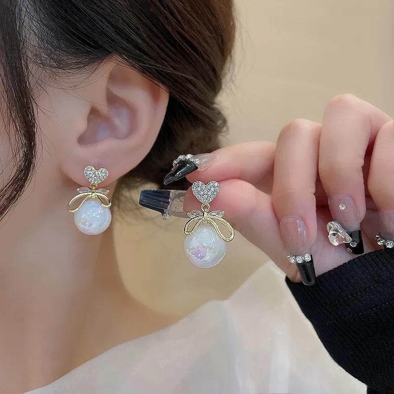 Heart Bow Pearl Earrings